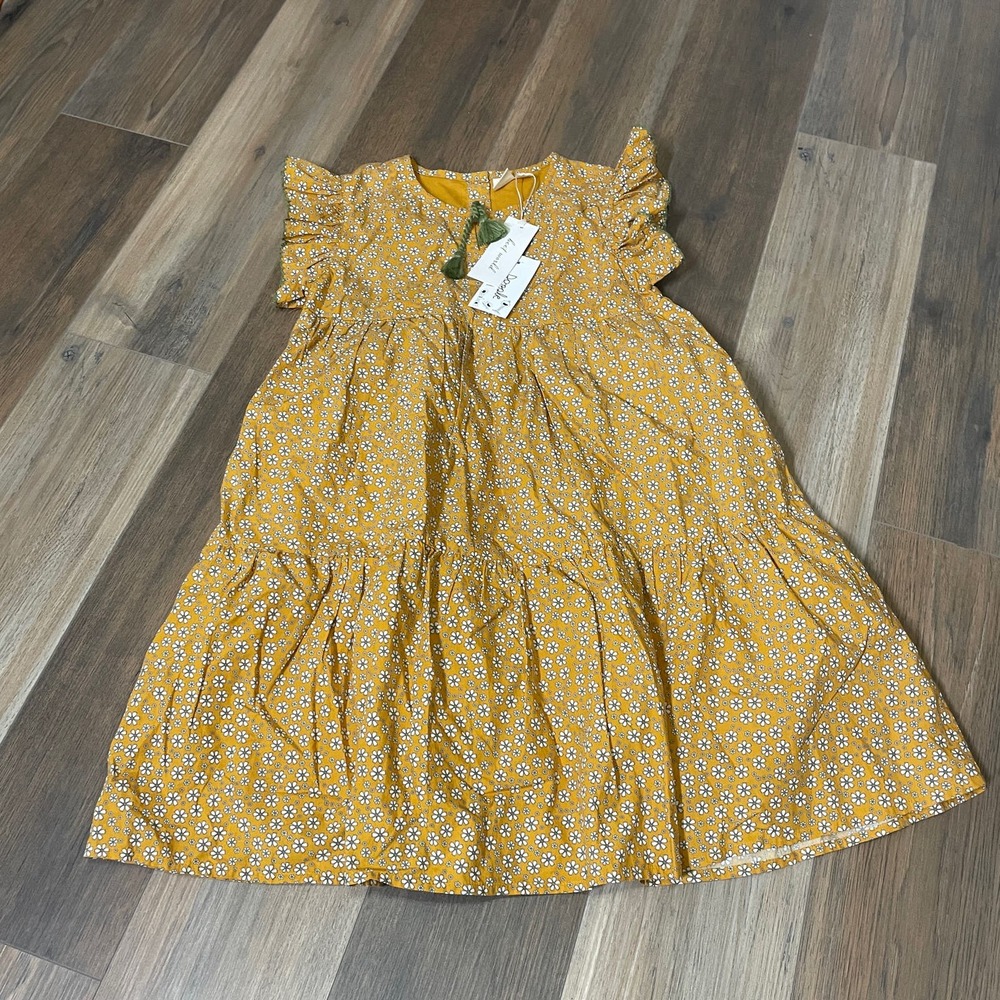 Beet World Girls 9-10 Sara Tiered Dress Mustard Yellow Floral Flutter Sleeves - Picture 1 of 7